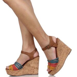 Colorful Braided Strappy Cork Wedge Sandals 7.5 NEW